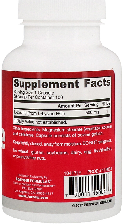 Suplement diety L-lizyna, 500 mg - Jarrow Formulas L-Lysine 500mg — Zdjęcie N4