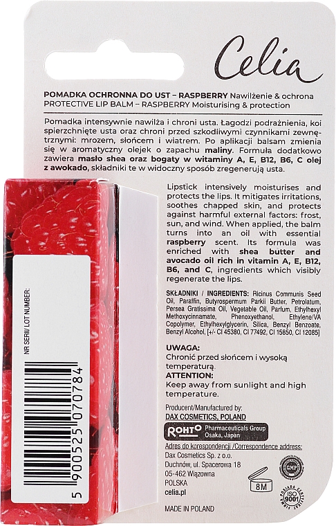 Olejkowy balsam do ust Malina - Celia Protective Lipstick Lip Balm With Raspberry Oil — Zdjęcie N3
